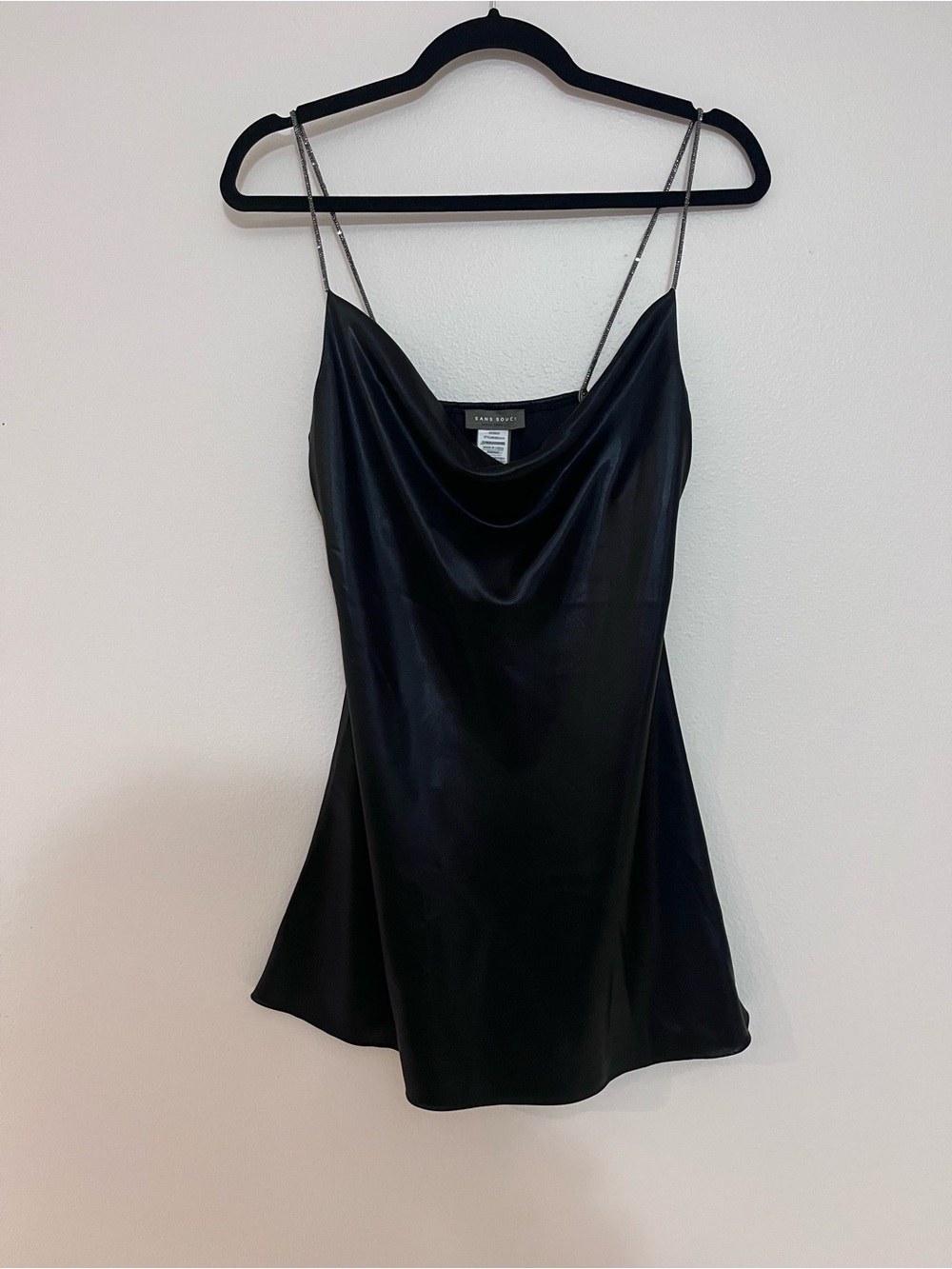 Black Satin Cowl Neck Mini Slip Dress with sparkly Straps